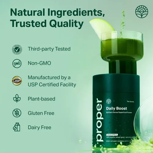 Miniatura 6 de Proper, The Greens Daily Boost Organic Greens Powder. Alimento Integral, Polvo Vegetal Superalimento Sabor Manzana con Pasto de Trigo, Espirulina
