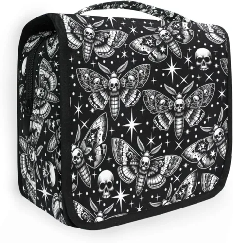 Miniatura 33 de MNSRUU Neceser colgante con diseño de calavera y girasol, bolsa de maquillaje de viaje para artículos de tocador, organizador de artículos