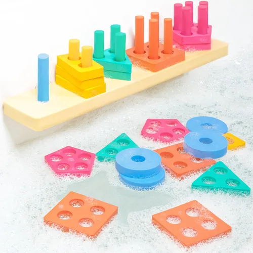 Tub Works® Splash, Stack & Sort™ - Juguete de baño para niños pequeños | 20 piezas de espuma | Clasificación de colores y apilamiento de formas