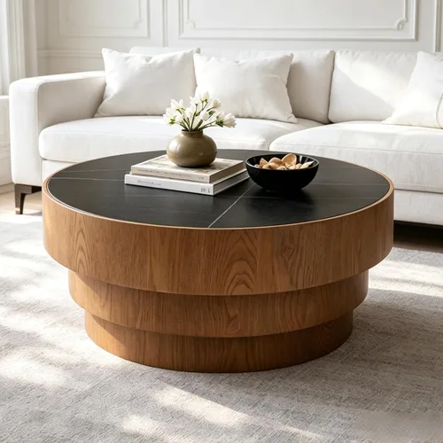 Miniatura 10 de KEVINSPACE Mesa auxiliar redonda pequeña para sala de estar, mesa auxiliar circular de madera, mesita de noche para apartamento, dormitorio, Ø 23.4