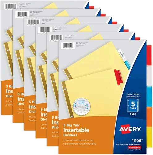 Separadores de carpeta Avery - Separadores insertables de 5 pestañas con etiquetas grandes multicolor para carpetas, 6 juegos de separadores (11109)