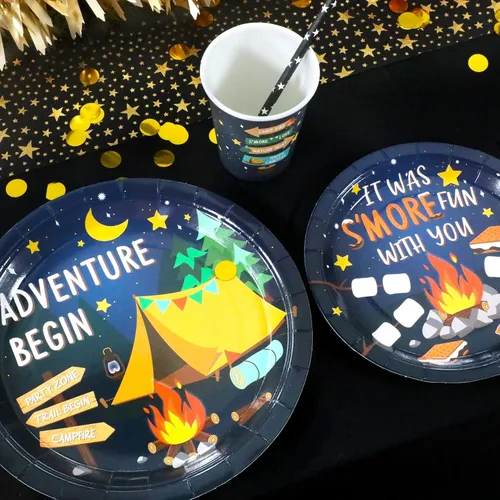 Miniatura 6 de Recheel Suministros para fiestas de camping y decoración, juego de platos y servilletas de papel con temática de fogata, caminata y campamento