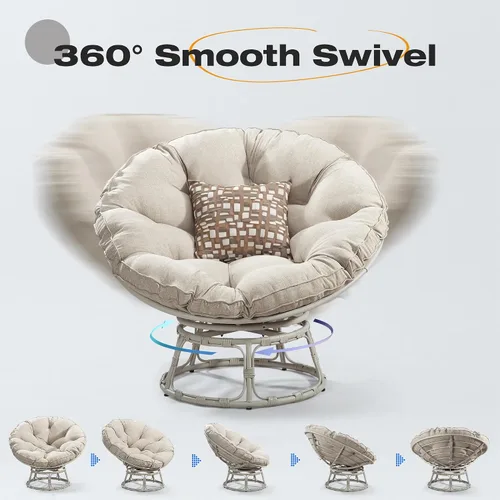 Miniatura 7 de Papasan - Silla con cojín, base giratoria de 360°, platillo grande, marco gris claro, poliéster beige