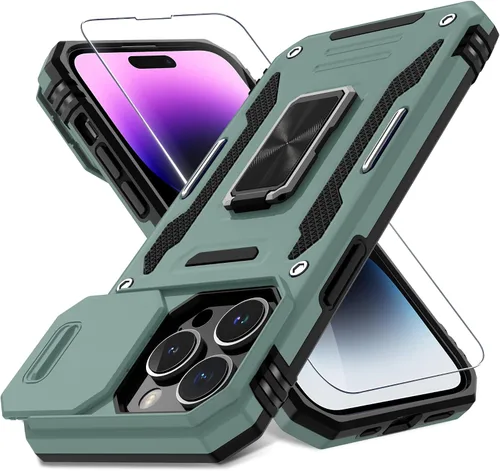 Miniatura 60 de DEERLAMN Funda para iPhone Xs Max con funda deslizante para cámara + protector de pantalla, soporte giratorio de anillo de grado militar a prueba