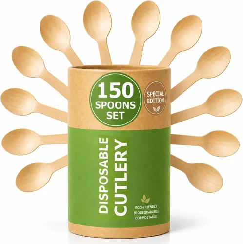 Miniatura 11 de Juego de cubiertos compostables de edición especial (150 piezas) – Juego de cubiertos de madera desechables – Alternativa al plástico, ecológico