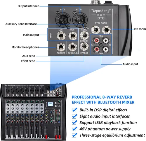 Miniatura 5 de Depusheng DT8 Mezclador profesional, tablero de sonido, consola de 8 canales, interfaz de sistema de escritorio, USB digital, entrada de computadora