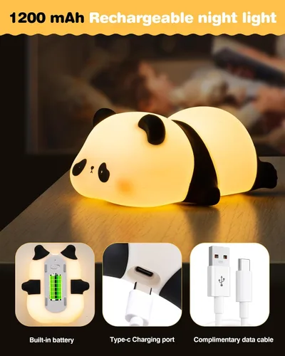 Miniatura 5 de Recolte - Bonita luz nocturna de panda con lazo de regalo, lámpara LED de silicona blanda para animales, luz regulable de 3 niveles para niños