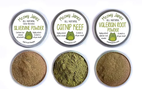 Meowy Janes Catnip - Paquete de polvo variado alternativo de hierba gatera Keef, polvo de vid plateada y polvo de raíz de valeriana en polvo de