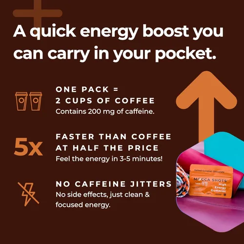 Miniatura 5 de Mocca Shots – Caramelo Salado 100 mg Gummies de cafeína (12 paquetes, 2 por paquete) Café Energía Masticar Gummy, Vegano, Sin gluten, Todo Natural