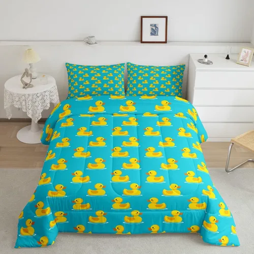 Miniatura 28 de Erosebridal Juego de ropa de cama a cuadros azul para niños, juego de cama individual con diseño de patos amarillos de dibujos animados, juego