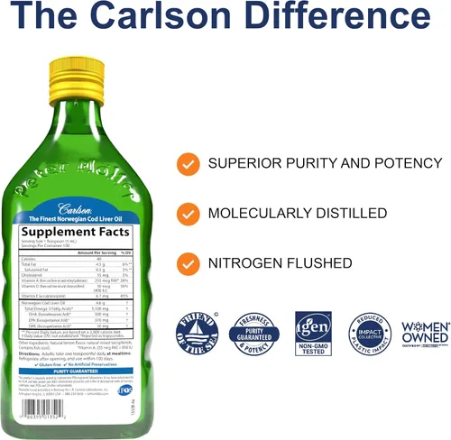 Miniatura 2 de Carlson - Aceite de hígado de bacalao para niños, 550 mg de Omega-3, vitaminas A y D3, noruego salvaje, sabor a goma de mascar de burbujas, 250 mL