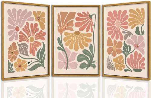 Miniatura 12 de TBKHUDBI Lienzo de flores bohemias para pared, impresiones florales abstractas, juego de 3 pósteres minimalistas de pintura botánica, mercado