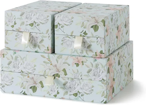 Soul & Lane Cajas decorativas florales pastel con tapas con bisagras y tirador de cinta apagada, pétalos pastel, juego de 3 (una caja grande y dos