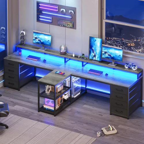 Miniatura 10 de SEDETA Escritorio para juegos para 2 personas de 94.5 pulgadas, escritorio largo para computadora de oficina con 8 cajones y luz LED, escritorio