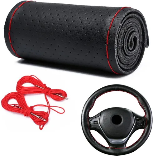 Funda para volante de automóvil, ajuste universal, punto redondo, funda fina de piel sintética cosida en volante de automóvil de 15 pulgadas (negro)