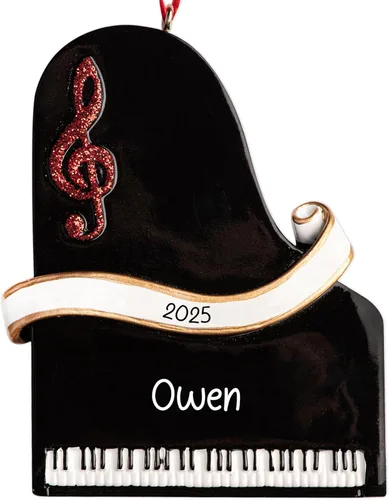 Adorno navideño personalizado de instrumento musical de piano 2026 – Personalización gratuita | Piano con clave de agudos con purpurina y cinta para