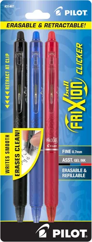 PILOT FriXion Clicker - Bolígrafos de tinta de gel borrables, recargables y retráctiles, punta fina, tintas de color negro, azul y rojo, paquete de