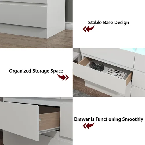 Miniatura 6 de Gyfimoie Cómoda de 9 cajones con toma de corriente, cómoda moderna blanca con luces LED, cómodas de madera con soporte para TV, organizador