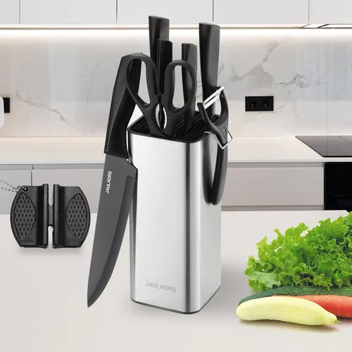 Juego de cuchillos, 9 piezas, juego de cuchillos para cocina con bloque y afilador, juego de cuchillos de acero inoxidable aptos para lavavajillas