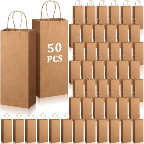 Handepo 50 bolsas de papel kraft para vino con asas prácticas de 13 x 5.3 x 3.3 pulgadas, bolsas de compras para pequeñas empresas (marrón)