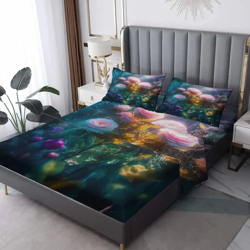 Miniatura 8 de Juego de sábanas de 3 piezas para plantas, tamaño individual, sábanas de hojas y fundas de almohada estampadas, sábana bajera ajustable
