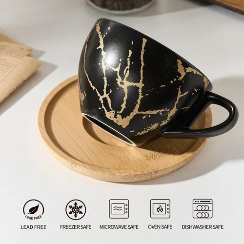 Miniatura 4 de LUKA - Juego de tazas de café de cerámica con platillos y soporte de metal, tazas de capuchino apilables de 8 onzas, taza de té para té, espresso