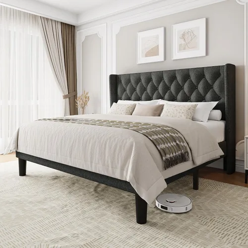 Miniatura 12 de Einhomn Base de cama de plataforma de tamaño matrimonial con cabecera tapizada de tela, 10 pulgadas debajo de la cama, soporte de listones de madera