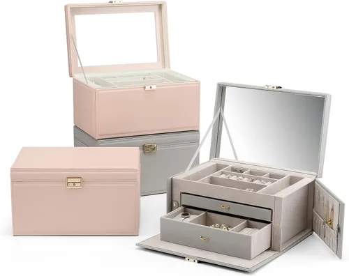 Miniatura 6 de Vlando Organizador de joyero, vitrina grande de cuero para joyas, caja de almacenamiento de 2 cajones, color gris