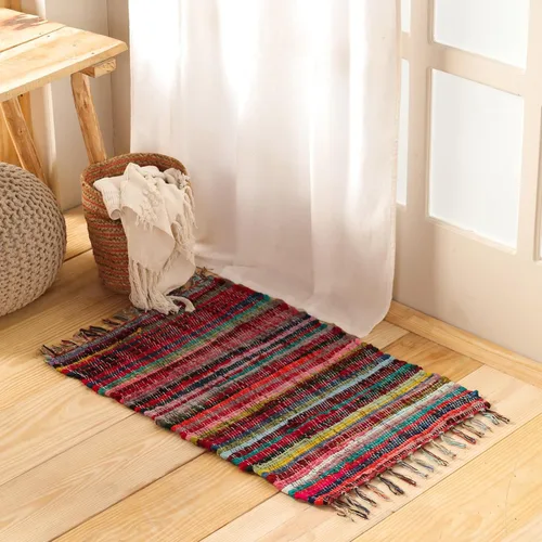 HOMEMONDE Alfombra de trapo CHINDI reversible con borlas decorativas | 20x32 pulgadas Alfombra de entrada de algodón multicolor trenzada a mano |
