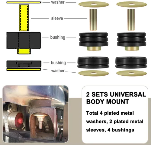 Miniatura 3 de 9.4102G - Aisladores universales de bujes de poliuretano para montajes de cuerpo, incluye 4 arandelas de metal plateado, 2 fundas de metal plateado