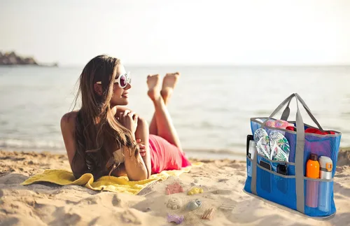 Miniatura 2 de Mesh Beach Bag, Extra Large Beach Bags with 9 Pockets & Zipper Waterproof Lightweight Beach Tote for BeachPool Trip