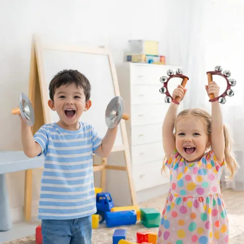 Miniatura 12 de Stoie's Instrumentos musicales de madera para niños pequeños con tambor, flauta, campanas de mano, platillos, castañuelas, triángulo, para bebés