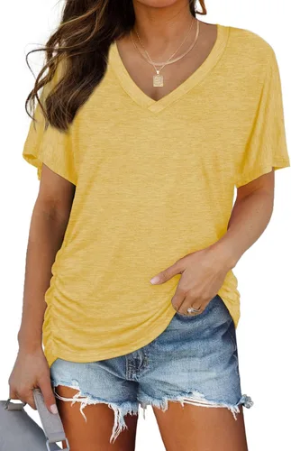 Miniatura 35 de WIHOLL - Camisetas de manga corta con cuello en V para mujer, holgadas, con fruncido lateral