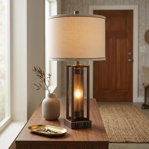 Miniatura 8 de Lámparas de mesa rústicas para sala de estar con puertos USB C+A, lámpara de mesita de noche vintage de granja con luz nocturna de acrílico ámbar