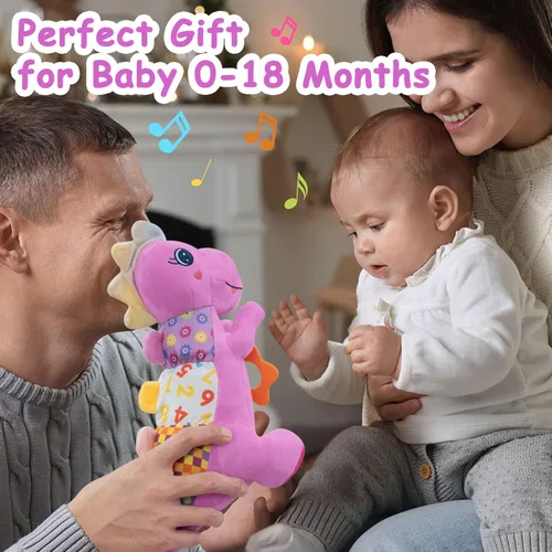 Miniatura 6 de Juguete de peluche suave de dinosaurio para bebés de 0-3-6-12+ meses, juguete musical infantil con sonajero, chirriante, arruga sensorial, mordedor
