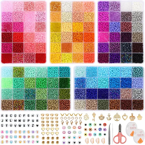 Miniatura 7 de QUEFE 62000 piezas 120 colores cuentas de semillas de vidrio para hacer joyas, cuentas mini de 2 mm con accesorios, kit de pulseras de amistad