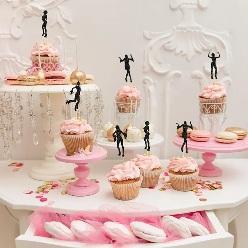 Miniatura 7 de 24 piezas de decoración de cupcakes de discoteca de los años 70 con purpurina negra, selecciones bailarinas de los 80 para decoración de pasteles