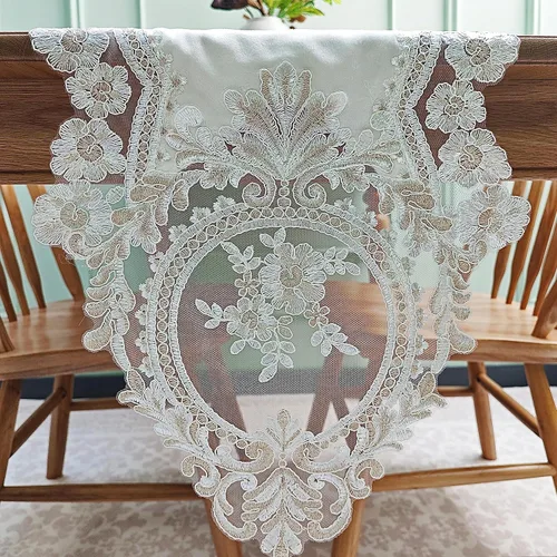 Camino de mesa elegante de encaje vintage de 98 pulgadas (250 cm) de largo, color beige dorado con exquisito patrón de macramé y bordado floral,