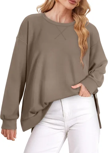 Miniatura 6 de WIHOLL Sudadera ligera de gran tamaño para mujer con cremallera lateral y cuello redondo suave, manga larga, moda 2024