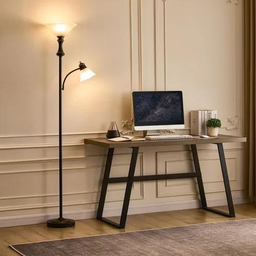 Miniatura 7 de Lámpara de pie Torchiere de 71 pulgadas para dormitorio con pantalla de cristal, lámparas de pie altas para sala de estar con luz de lectura de arco