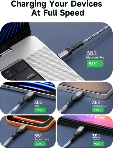 Miniatura 4 de JSAUX Cable USB C de 240 W de 6.6 pies, cable USB C tipo C de carga rápida para MacBook, iPad, Dell XPS, iPhone 17/iPhone Air/iPhone 17 Pro Max, Gris
