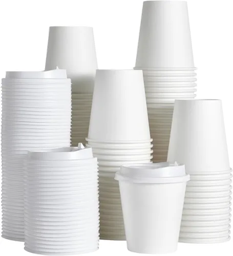 JOLLY PARTY [Paquete de 100] Tazas de café de papel de 10 onzas, taza de café de papel desechable con tapas, taza de bebida caliente/fría para agua,