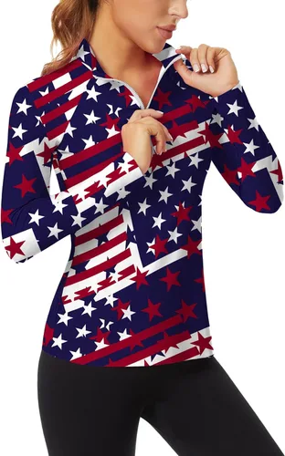 Miniatura 14 de WOWENY Camiseta deportiva de manga larga para mujer, con cremallera de un cuarto, cuello para entrenamiento, camiseta de tenis con estampado