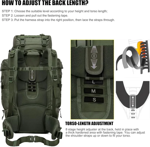 Miniatura 5 de Mardingtop 70L Mochila con armazón interno para caza, camping, senderismo; mochila con cubierta para la lluvia Verde (Ranger Green)