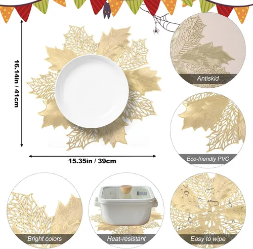Miniatura 2 de Juego de 8 manteles individuales de Navidad, manteles individuales redondos de flores doradas de vinilo para mesa de cocina, comedor, decoración