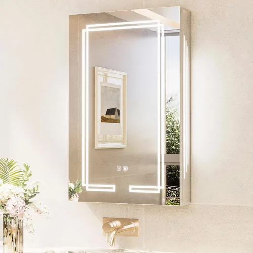 TokeShimi Botiquín con Espejo Iluminado de 20 x 31.9 pulgadas, Espejo LED de Baño Templado Antivaho con Almacenamiento, Atenuación Continua de 3