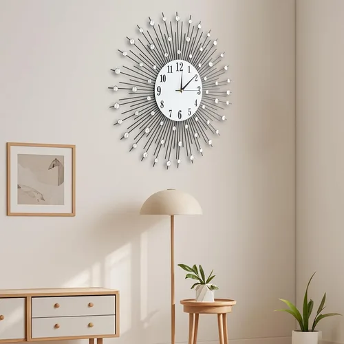 Miniatura 8 de Reloj de pared moderno con forma de flor de cristal 3D, 23.62 pulgadas, espejo plateado de metal vintage, brillante, con tachuelas de diamantes