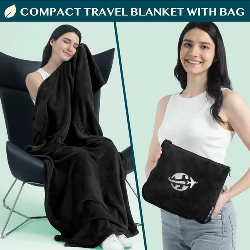 Miniatura 3 de PAVILIA Manta de viaje y almohada, manta de avión con apertura de brazos para adultos, manta compacta de avión con agujero para el brazo, bolsa 2