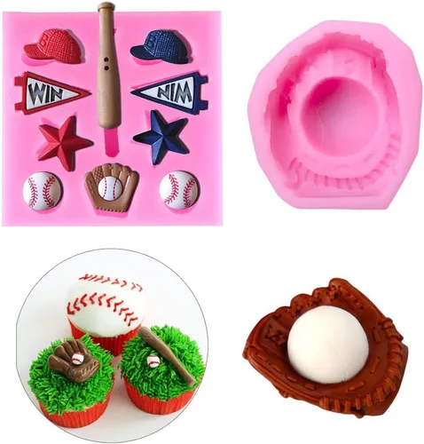 Juego de 2 moldes de fondant de béisbol para decoración de pasteles, magdalenas, guantes de béisbol y sóftbol, molde de silicona para pasta de