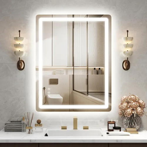 Miniatura 22 de 48x24 Inch LED Bathroom Mirror with Lights, Anti-Fog 3-Color Dimmable Memory Touch Control, Waterproof HD Tempered Glass, Wall Mounted Vanity Mirror